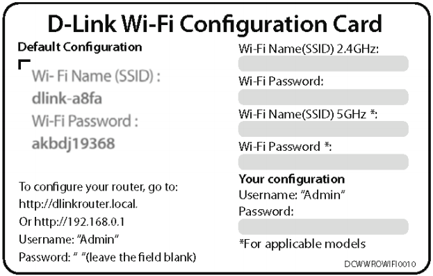 the information card of the D-Link router